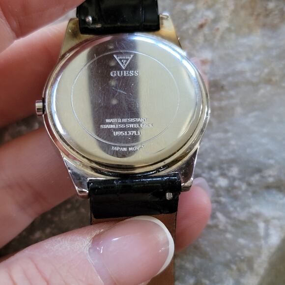 Vintage GUESS Crystal Bezel Watch Black Leather Strap Silver Dial Glam Chic Lux